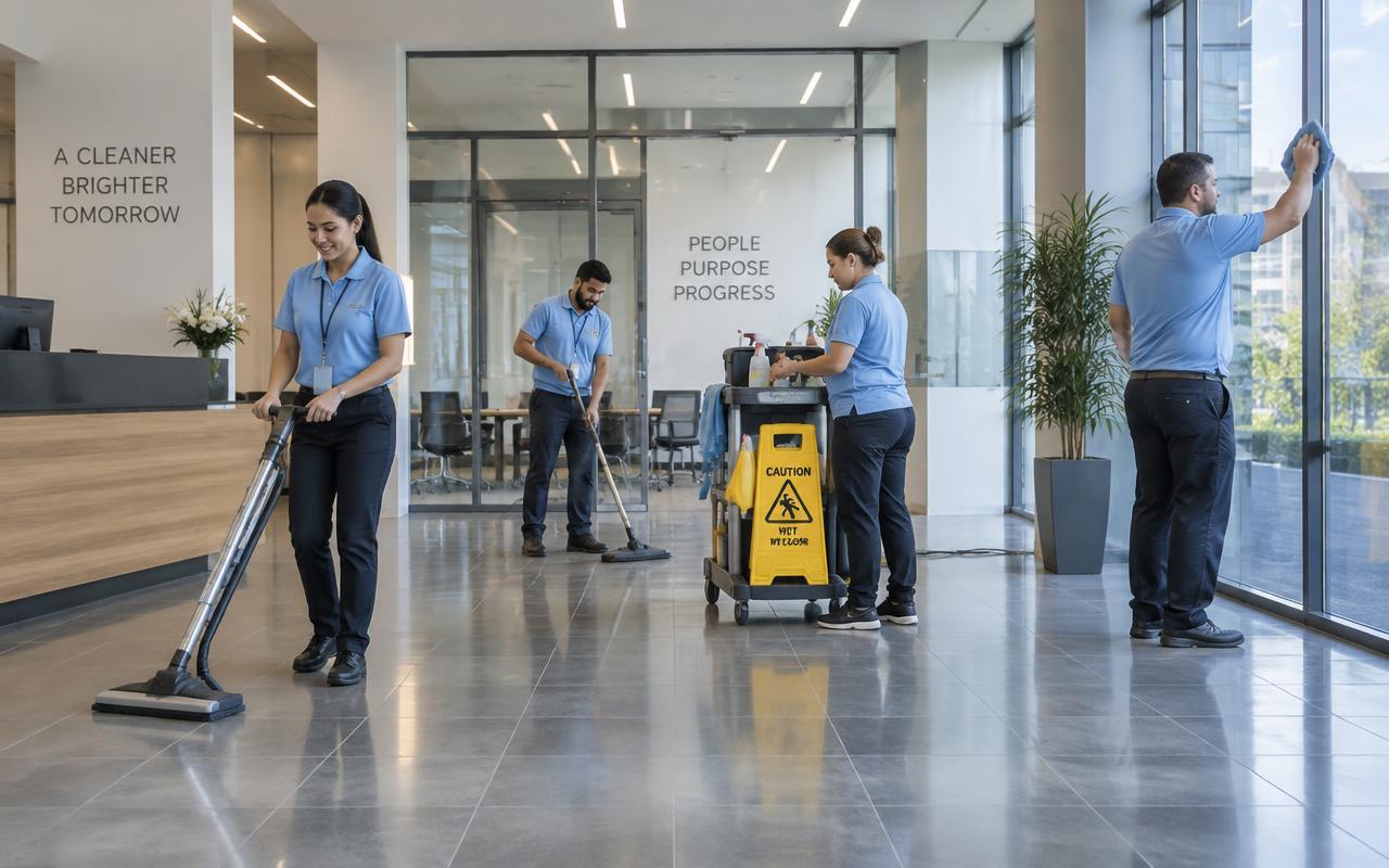 Equipe de limpeza uniformizada atuando em um hall corporativo